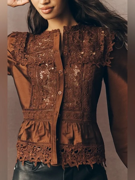 NWT By Anthropologie Long-Sleeve Eyelet Lace Blouse Brown - Picture 3 of 7